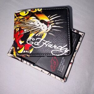Ed Hardy Tiger Face Bi Fold Wallet Men Black Leather Tattoo Art NWT